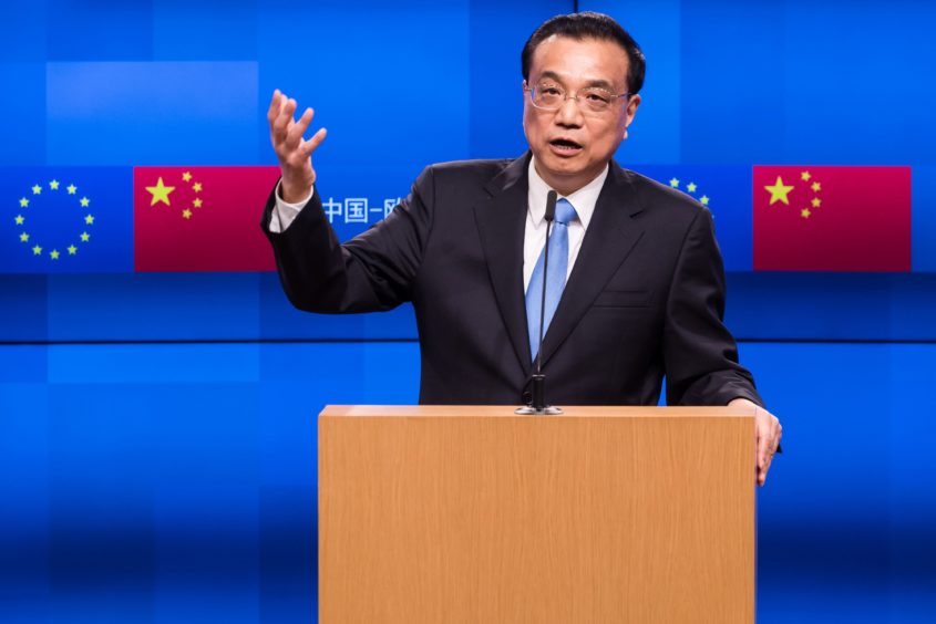 Li Keqiang, China's premier, gestures while speaking during a news conference at of the EU-China summit at the Europa building in Brussels, Belgium, on Tuesday, April 9, 2019. The EU and China managed to agree on a joint statement for Tuesdays summit in Brussels, papering over divisions on trade in a bid to present a common front to U.S. President Donald Trump, EU officials said. Photographer: Geert Vanden Wijngaert/Bloomberg