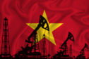 Silhouette of drilling rigs and oil derricks on the background of the flag of Vietnam.