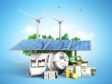 concept of energy saving solar panels and a windmill near the meter of electricity 3d render on blue; Shutterstock ID 1007816836; Purchase Order: EV supplement; Job: Deloitte column; 4bb704c4-7ca7-455c-9c64-2465938f7887