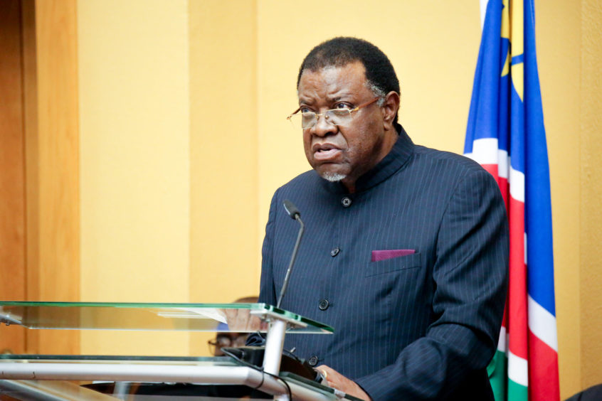 Man stands at podium in front of Namibian flag