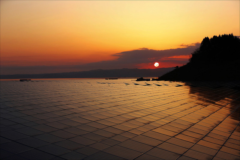Solar panels with sun setting behind