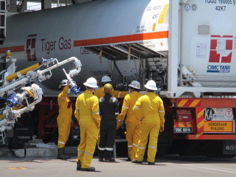 Filling up: Tiger Gas fills up an ISO tank with LNG from Petronas in Malaysia