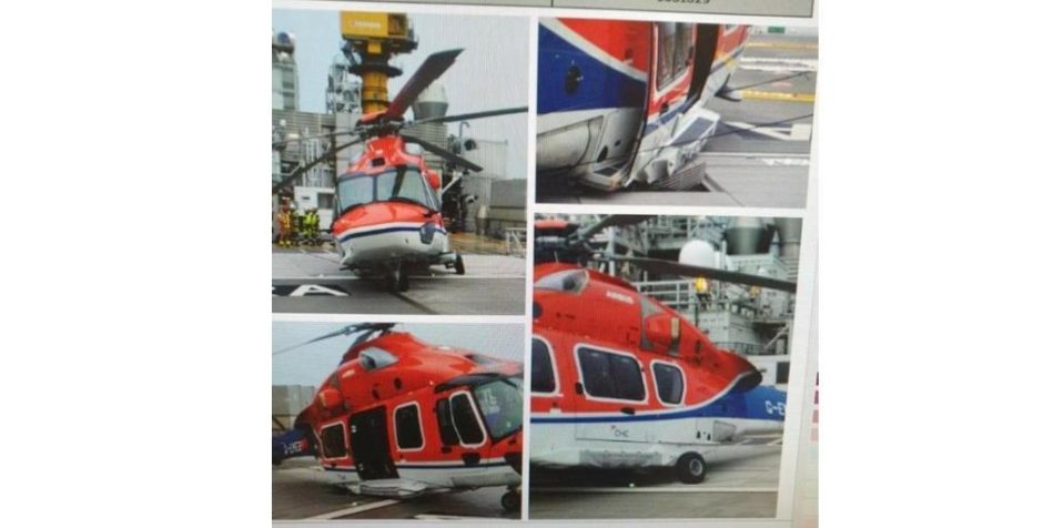 A helicopter whose rear right wheel has gone through the helideck on Equinor's Mariner platform, east of Shetland.