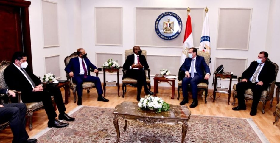 A group of men sit in chairs talking, beneath an Egyptian flag