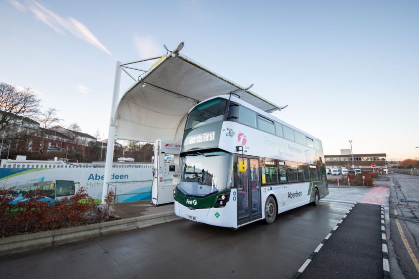 A hydrogen-powered bus in Scotland.