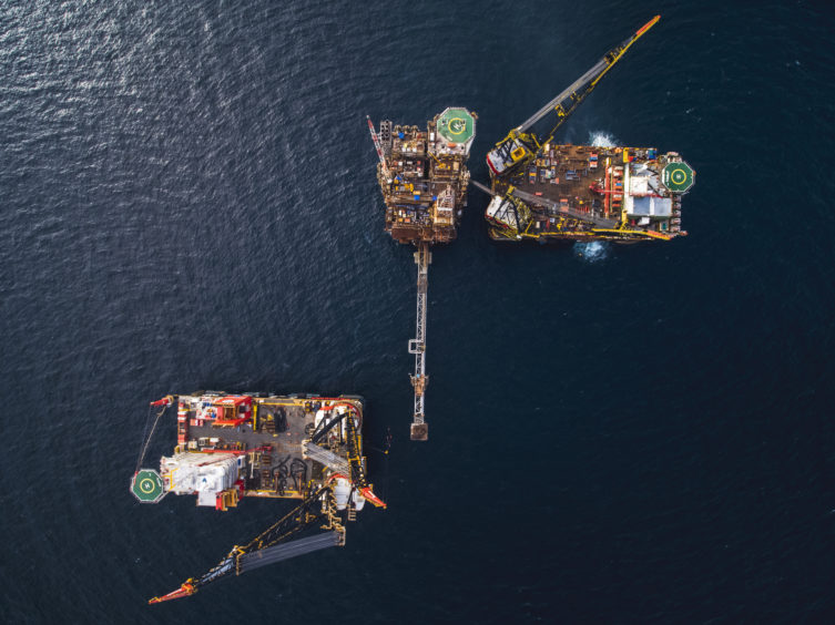 The Sliepnir and Thialf heavy lift vessels at Brae Bravo ahead of the topside removal in 2021.