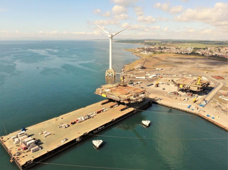 Fife port takes delivery of Spirit Energy platforms for decommissioning Picture shows; The DP3 and DP4 platforms being taken onto the CessCon Decom yard at Methil in Fife. Energy Park Fife, Methil. Supplied by CessCon Decom