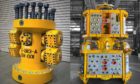 Interventek's open-water Revolution safety valve, left, and its TRIDENT Modular Subsea Intervention System.