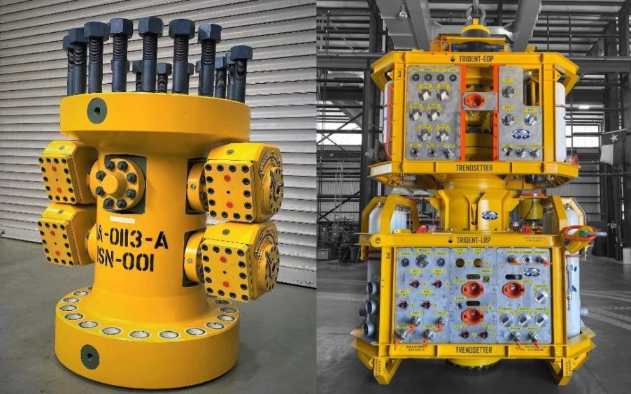 Interventek's open-water Revolution safety valve, left, and its TRIDENT Modular Subsea Intervention System.