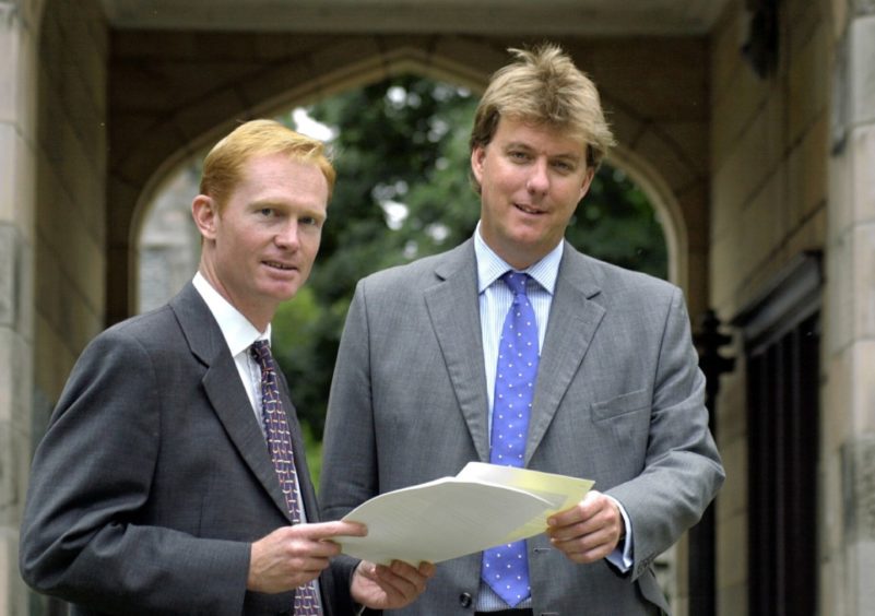 (from left) Mike Wagstaff and Bruce Dingwall at Elphinstone Hall, Kings College, Aberdeen