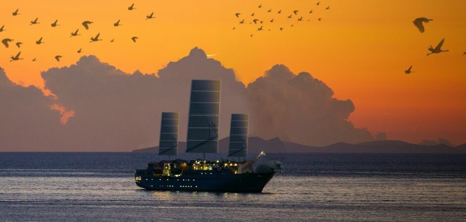 A ship with big sails and a giraffe at the front onboard