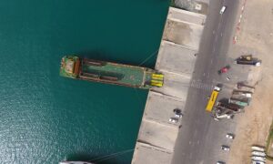 Drone shot of a ship moored at a port