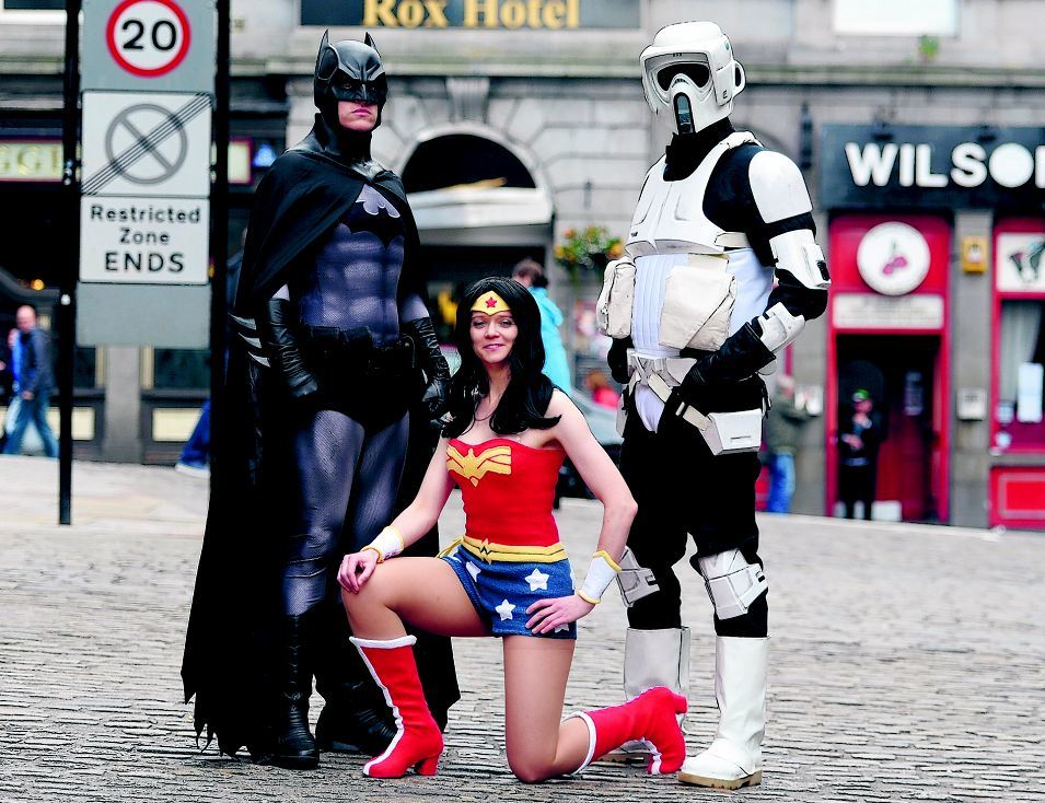 Pictured are Victoria Noad (Wonder Woman), Ian Cushnie (Batman) and Neil McAndrew (Star Wars Stormtrooper) outside the Rox hotel where the very first cosplay event will be held named Cos-Con North.