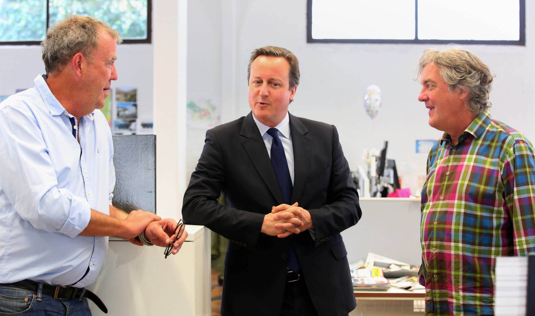 Prime Minister David Cameron meets Jeremy Clarkson and James May during an EU-related visit