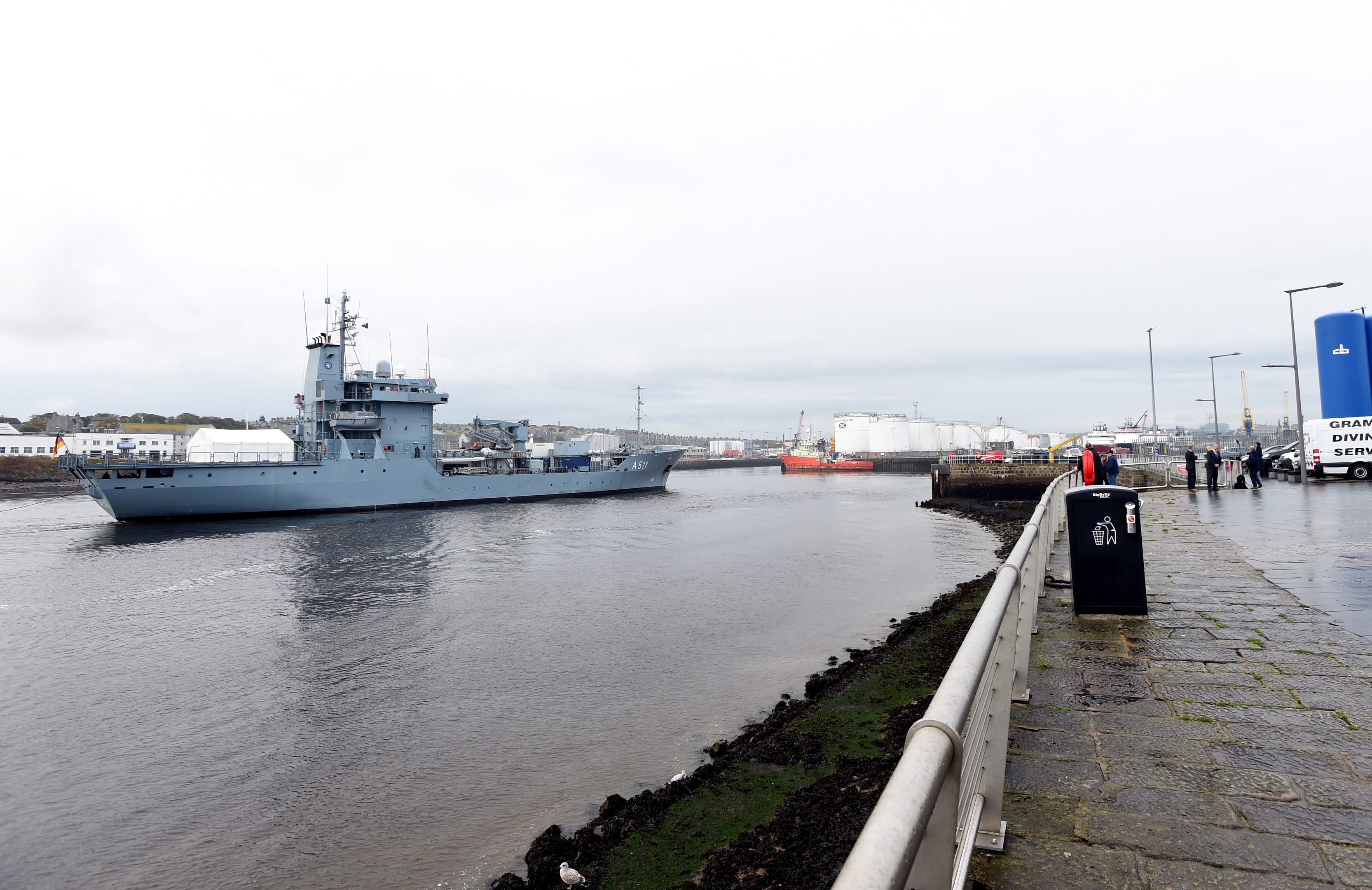 The FGS ELBE (replenishment ship) in Aberdeen Harbour. Inset, two of the other ships in the taskforce.