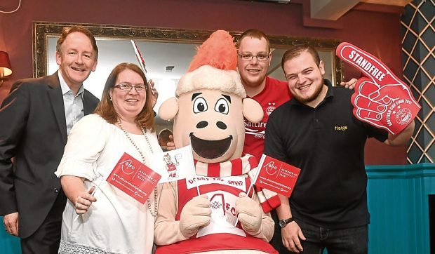 From left, Geoff Cooper of Aberdeen Inspired, Debra Christie of AFC Community Trust, Donny the Sheep, Kieren Joseph of the Foundry and James Jamieson of Haigs.