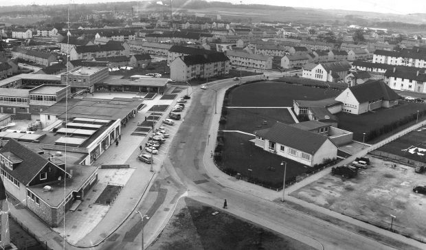 1967: A view of the Mastrick Shopping centre, library, community centre and Mastrick Parish.