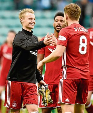 Aberdeen's Gary Mackay-Steven and Greg Stewart at full-time against Hibs.
