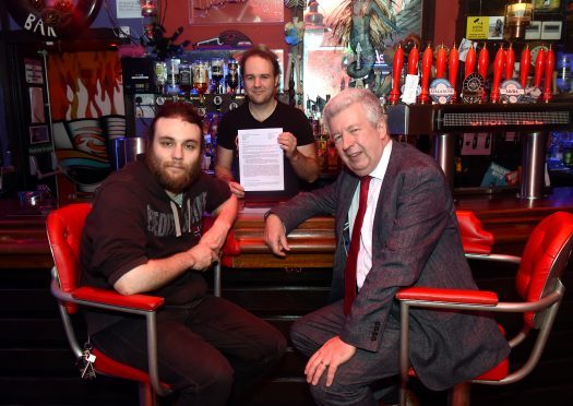 Jamie Peter (Black Cat CIC), Craig Adams and Lewis Macdonald MSP at Krakatoa.