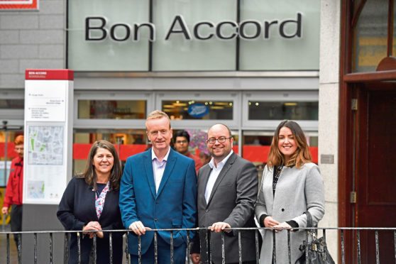 From left, Councillor Marie Boulton, Adrian Watson of Aberdeen Inspired, Craig Stevenson of Bon Accord
Shopping Centre, and Nicola Johnston, Aberdeen Inspired’s evening and night time economy manager