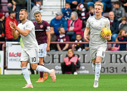 Aberdeen's Gary Mackay-Steven, right, celebrates his penalty strike with Niall McGinn.