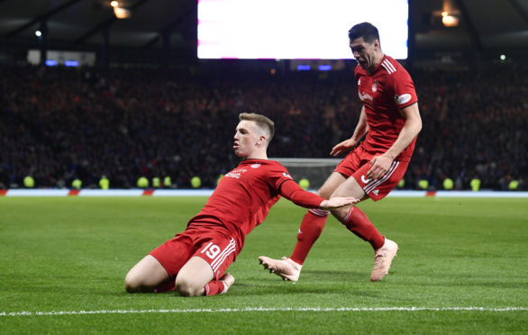 Aberdeen's Lewis Ferguson celebrates after he makes it 1-0 against Rangers.