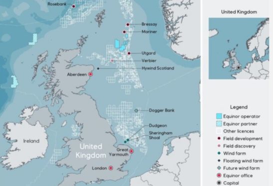 A map showing Equinor's UK interests
