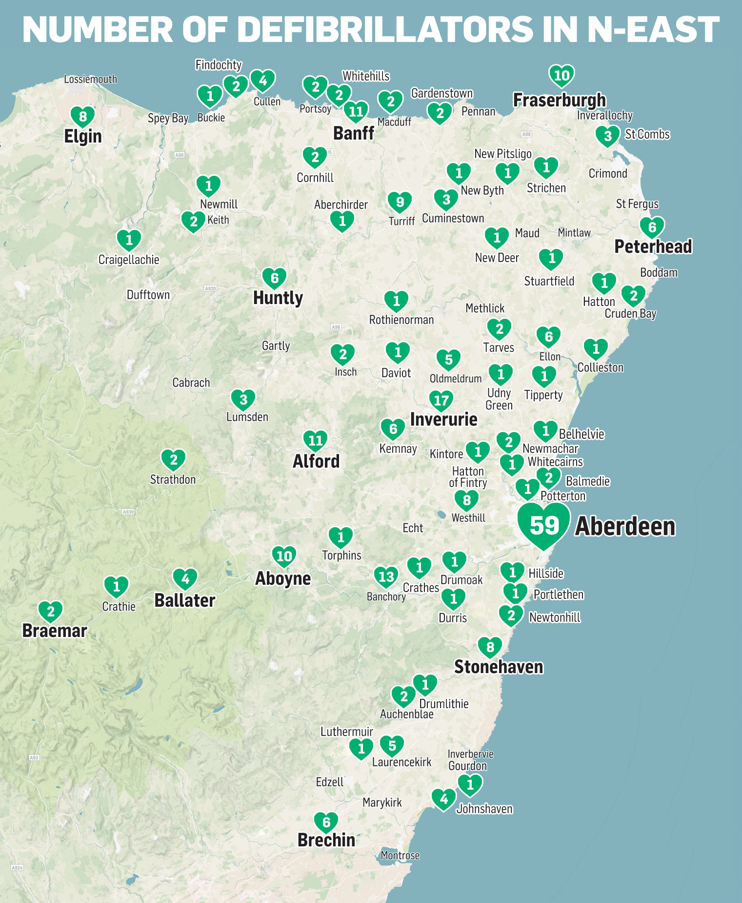 Map Where the northeast's 280 defibrillators are installed Evening Express