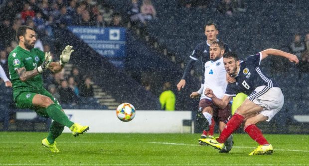 Scotland's John McGinn completes his hat-trick during the UEFA European qualifier between Scotland and San Marino.