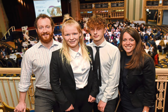 From left, mentor Iain MacFadyen, pupil Kacey Rennie, pupil Leon Dewar and mentor Sandie Scott at the Career Ready
launch event at the Beach Ballroom
