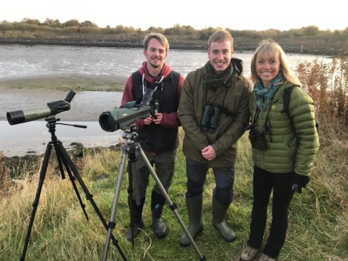 Gus Routlege and Simon Ritchie with Autumnwatch presenter Michaela Strachan