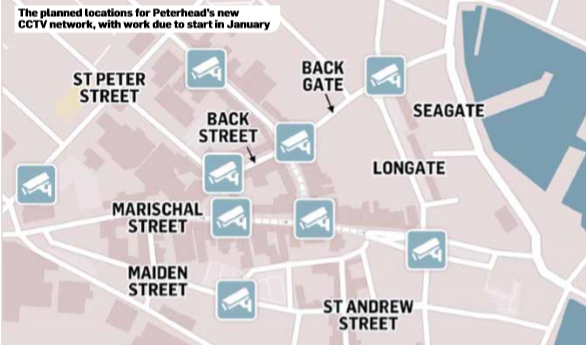 The planned locations for peterhead’s new cctv network, with work due to start in January
