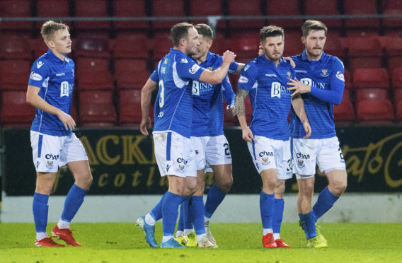 Matty Kennedy celebrates with his teammates after equalising for St Johnstone during the Ladbrokes Premiership match between St Johnstone and Aberdeen.