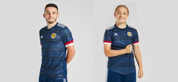 The new Scotland home kit modelled by John McGinn and Erin Cuthbert.