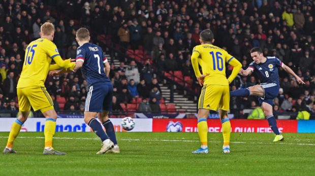 John McGinn, right, equalises for Scotland against Kazakhstan at Hampden