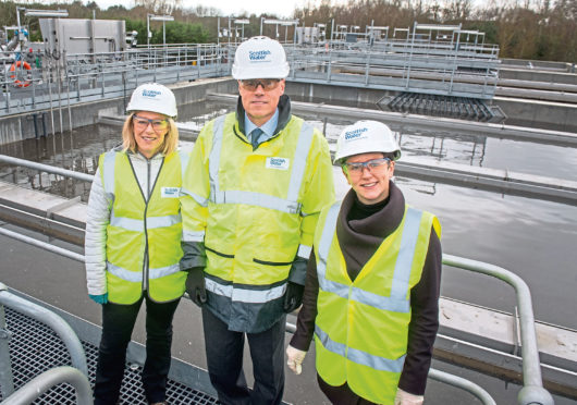 Local MSP Gillian Martin, Scottish Water Chief Executive Douglas Millican and Minister for Rural Affairs and the Natural Environment Mairi Gougeon at Inveruries new Nereda Waste Water Treatment Works