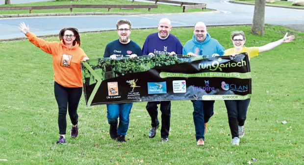Getting in some practice are charity representatives from left, Donna Deans from Charlie House, Oliver Middleton from Chest, Heart, Stroke Scotland, Andrew Reid from Inspire, Neil Martin from CLAN and Chloe Jackson from ARCHIE Foundation