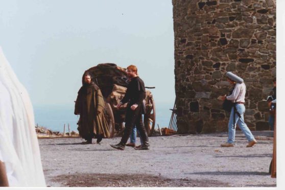 Mel Gibson on the set of Hamlet that was filmed at Dunnottar Castle and Muchalls