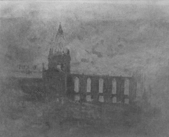 A rare photograph of the great fire of 1874 at the MIther Kirk, just before the oak steeple crashed onto the ruins of the East Kirk.