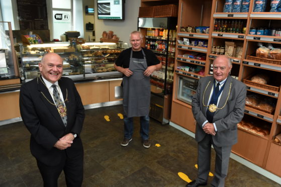 Lord Provost Barney Crockett at The Bread Maker with manager Alistair Reid and Mervyn Donald
