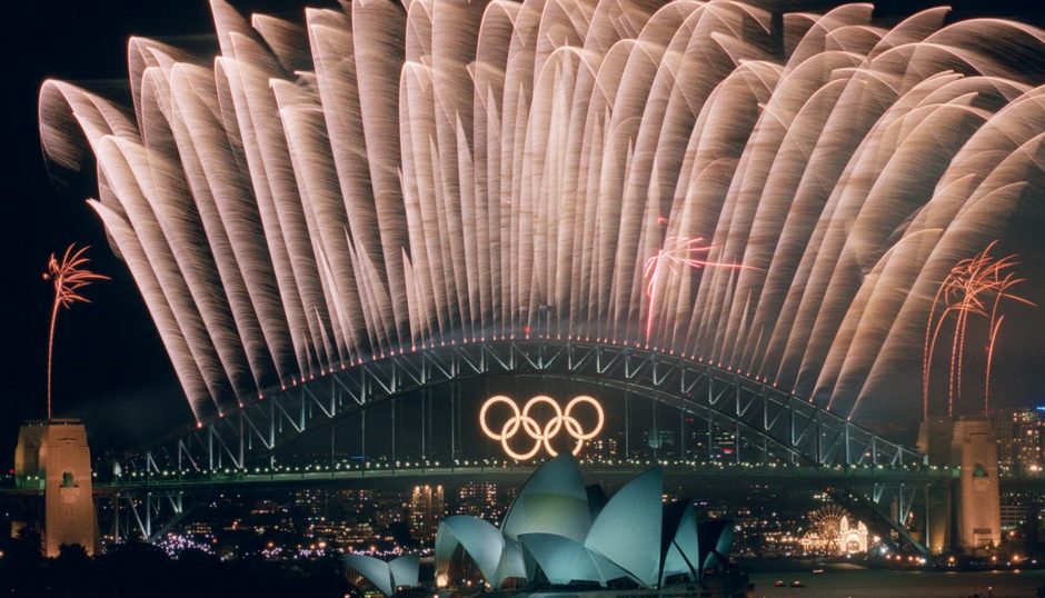 The closing ceremony fireworks for the 2000 Olympic Games erupt over the Sydney Harbour Bridge.