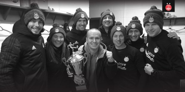 Andrew Cheyne with players and staff at Aberdeen FC