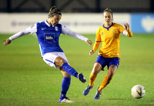 Birmingham City's Rachel Corsie passes past Everton's Lucy Graham during the Vitality Women's FA Cup semi-final match at SportNation.bet Stadium, Birmingham.