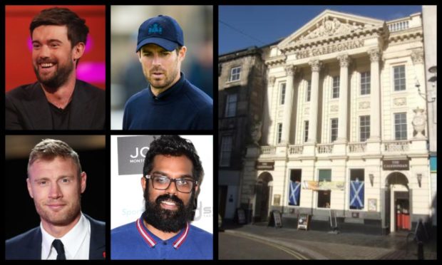 Clockwise from top left: Jack Whitehall, Jamie Redknapp, Romesh Ranganathan and Freddie Flintoff were spotted in the Caledonian in Inverness.