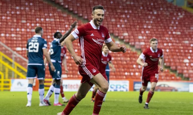 Andy Considine celebrates after putting Aberdeen 2-0 up against Motherwell.