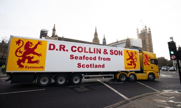 A seafood lorry used in the protest in London.