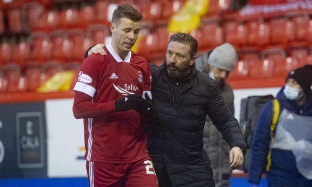Aberdeen manager Derek McInnes and Florian Kamberi at full-time after the Kilmarnock game.