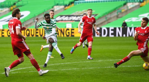 Odsonne Edouard of Celtic scores to make it 1-0 against Aberdeen at Parkhead.