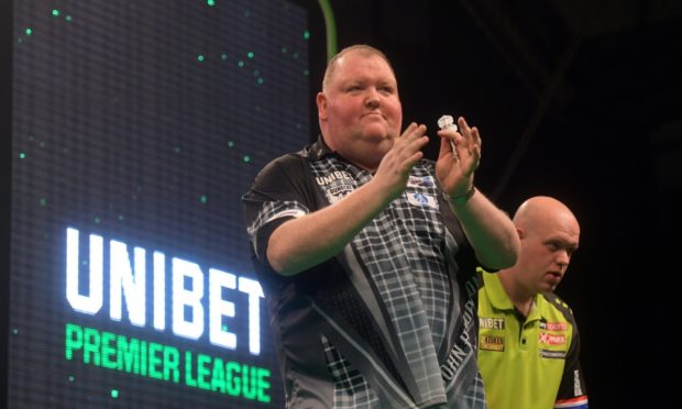 John Henderson, left, drew with Michael van Gerwen in the Premier League.