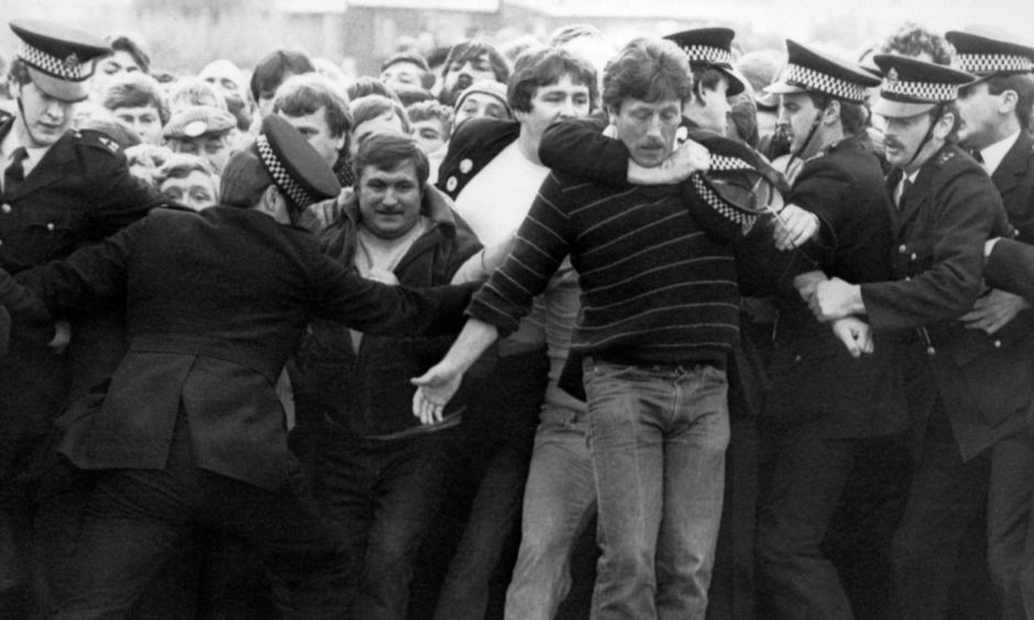 Police and pickets clash outside the Bilston Glen pit, near Edinburgh, in the miners strike in 1984.